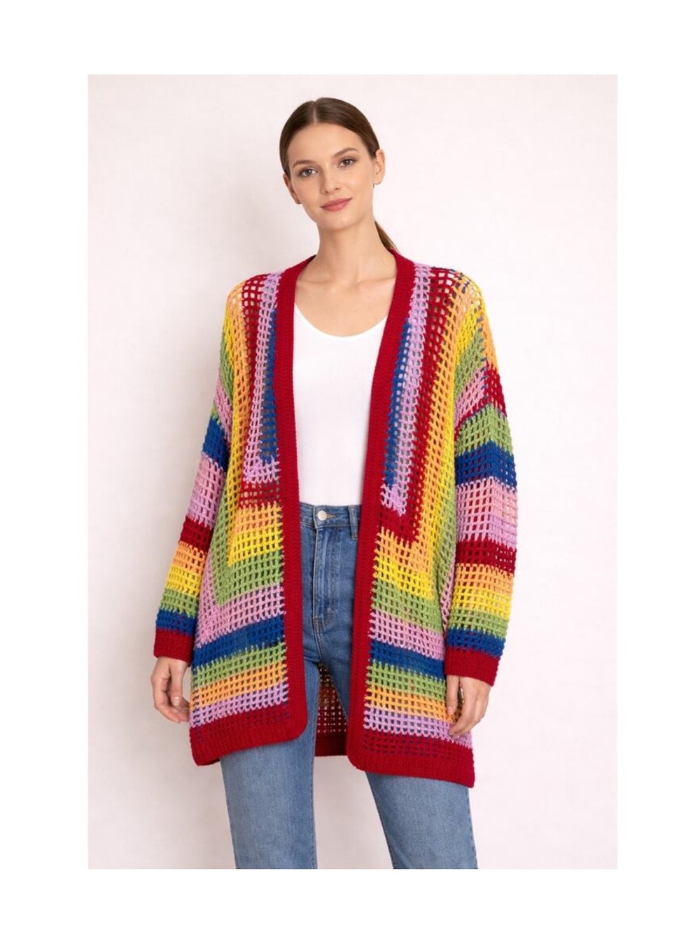 Farm Rio rainbow crochet open cardigan